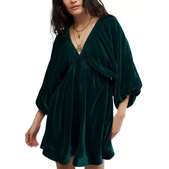 Free People Medium Green Velvet Velour Women's Portia Velvet Mini Dress - Picture 1 of 6